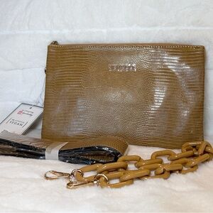 Jen & Co Tan Lizard Izzy Vegan Leather Clutch. With shoulder strap & chain. NWT